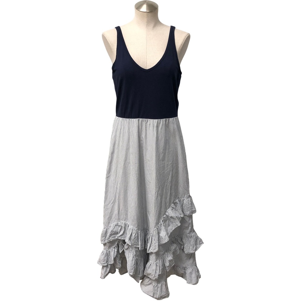 Maeve Mixed Media Dress Womens Medium Navy Blue White Striped Ruffle Nautical